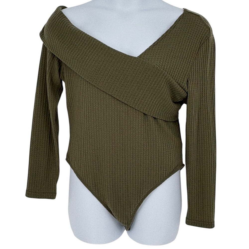 SHEIN CURVE Bodysuit Olive Green Waffle Knit Crossover Off Shoulder 2XL